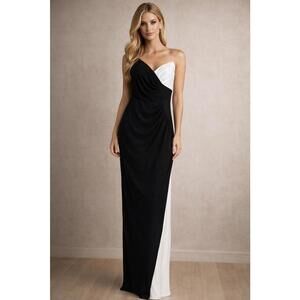 Black & White Strapless Gown  Formal Maxi  Ruched Draped Side Slit Elegant sz 6M